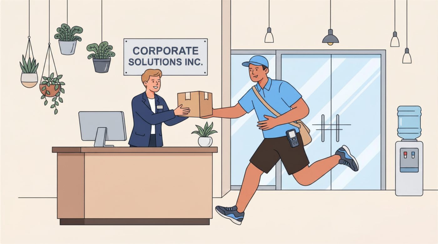 A Nanaimo courier delivering a package to a corporate office reception desk