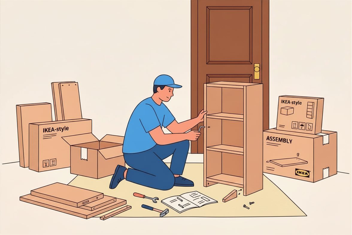 A courier assembling IKEA-style flat-pack furniture after delivery